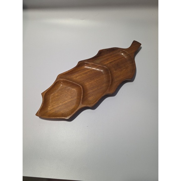 Other - VINTAGE Carved Wood Leaf Serving Tray With 3 Compartments 17x6